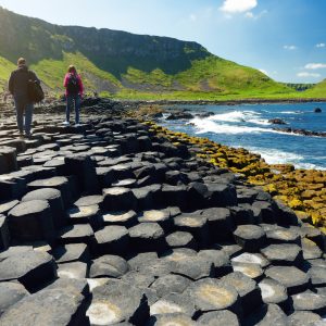 Giants Causeway, an area of hexagonal basalt stones, created by ancient volcanic fissure eruption, County Antrim, Northern Ireland. Famous tourist attraction, UNESCO World Heritage Site.